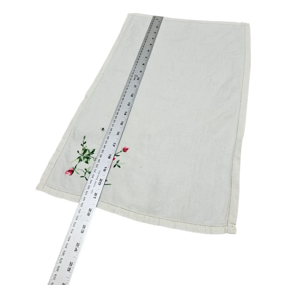 Vintage‎ Embroidered Linen Tea Towel Cottagecore Floral Pink Green Roses